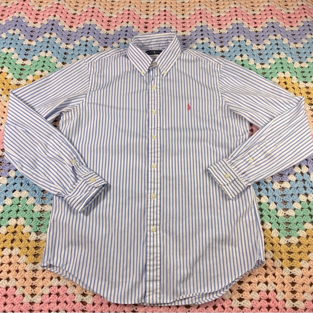 Ralph Lauren Mens Classic Blue White Striped Men's Dress Shirt Medium